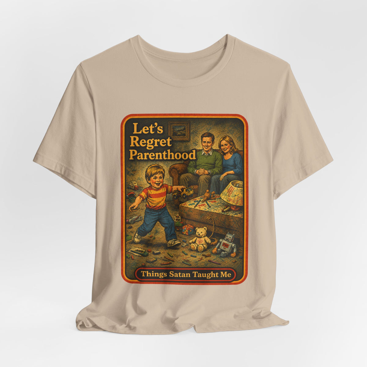 Let's Regret Parenthood Unisex Tee in Tan, view 4