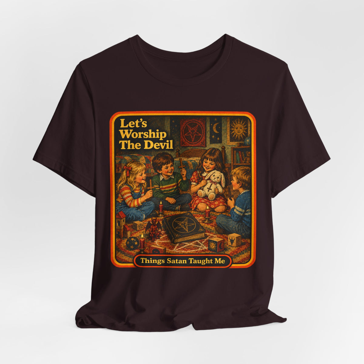 Let's Worship The Devil Unisex Tee in Oxblood Black, view 4