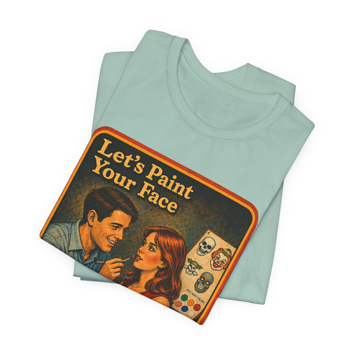Let's Paint Your Face Unisex Tee in Dusty Blue, view 3