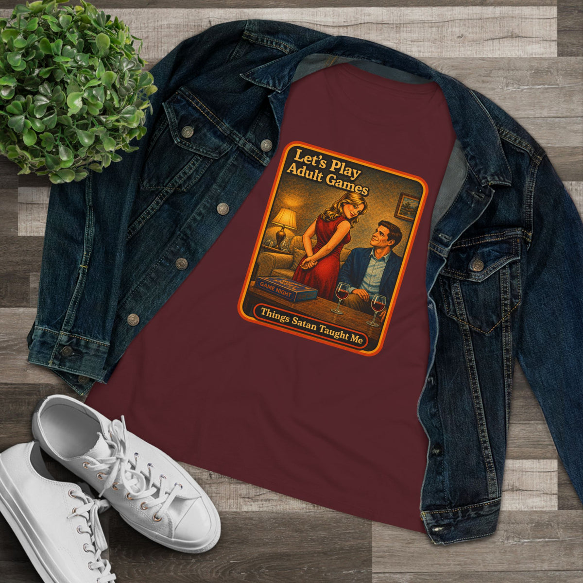 Let's Play Adult Games Women's Tee in Maroon, view 3