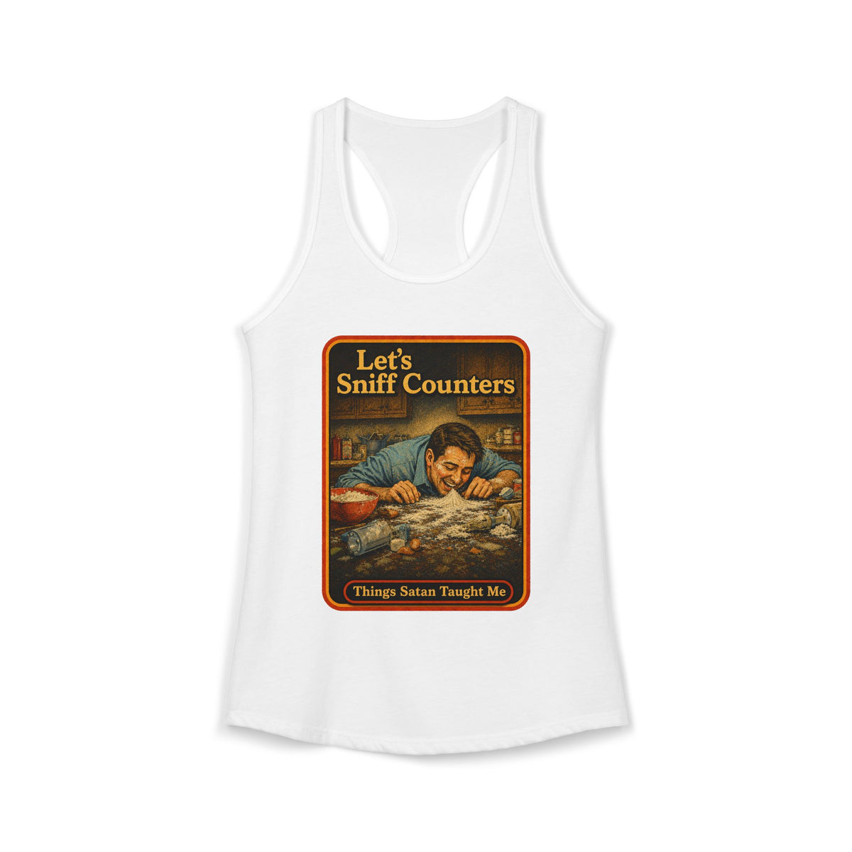 Let's Sniff Counters Racerback Tank in White, front