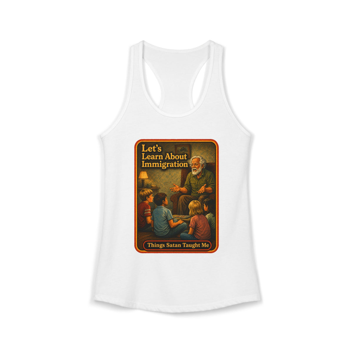 Let's Learn About Immigration Racerback Tank in White, front