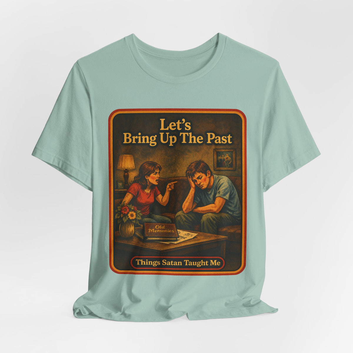 Let's Bring Up The Past Unisex Tee in Dusty Blue, view 4