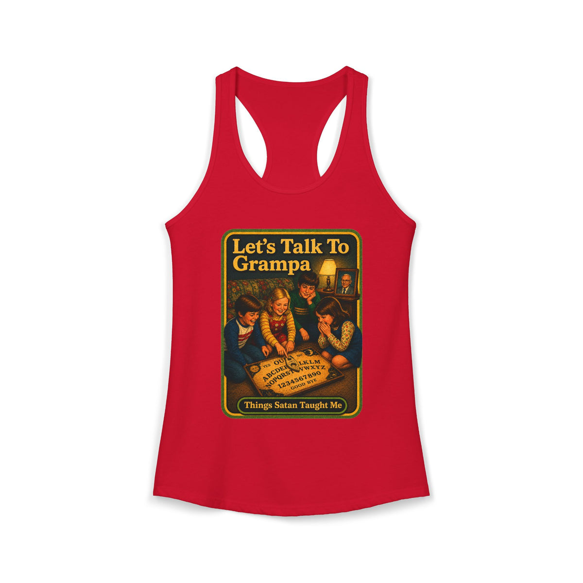 Let's Talk To Grampa Racerback Tank in Red, front
