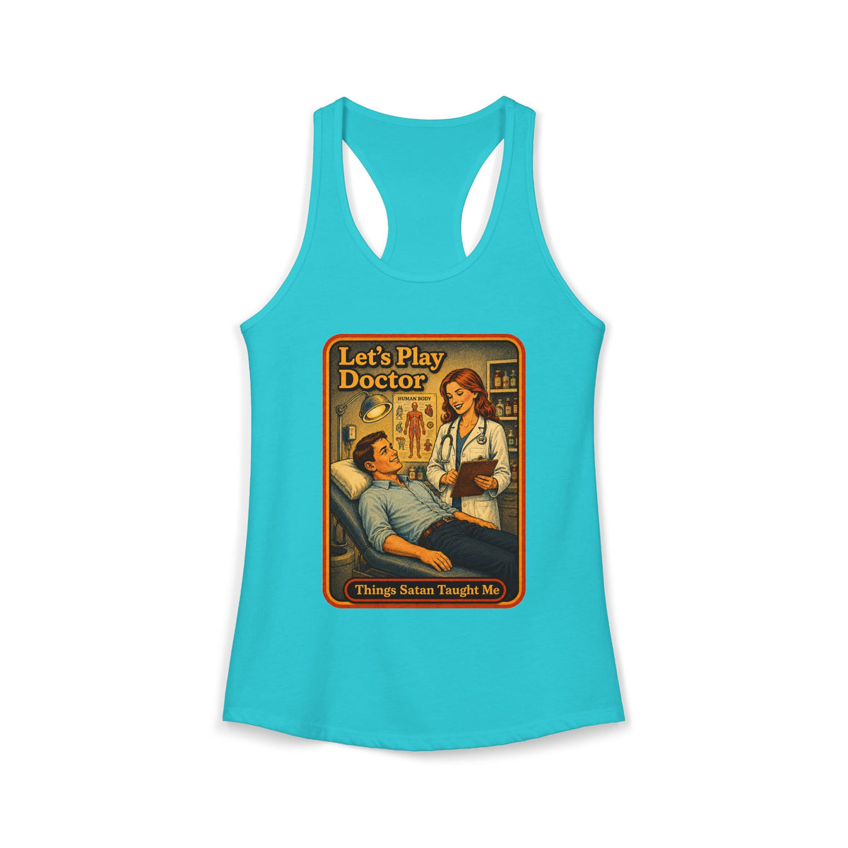 Let's Play Doctor Racerback Tank in Tahiti Blue, front