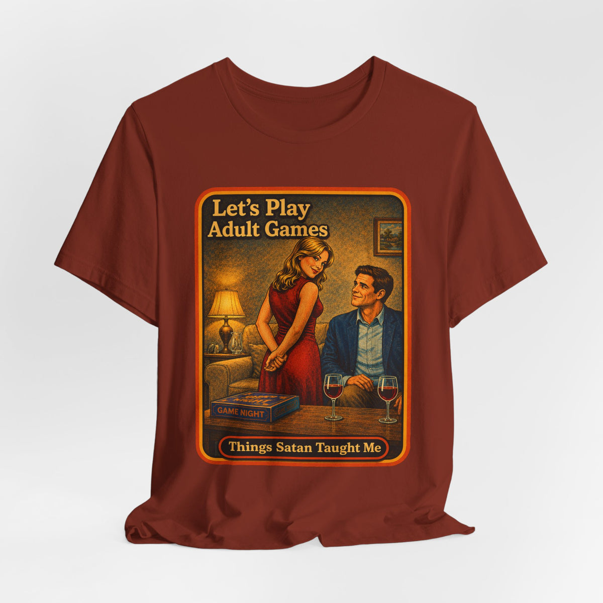Let's Play Adult Games Unisex Tee in Rust, view 4