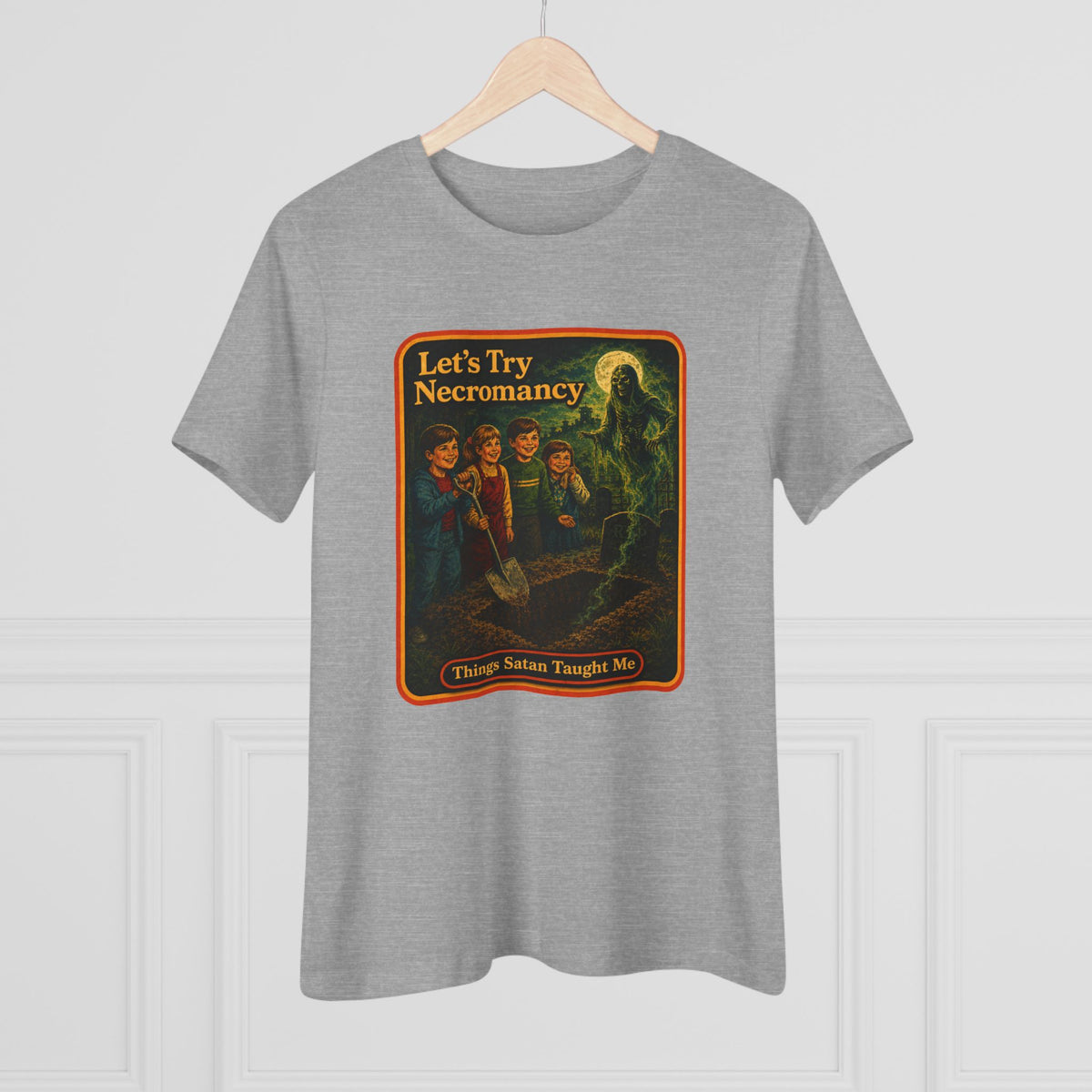Let's Try Necromancy Women's Tee in Athletic Heather, view 4