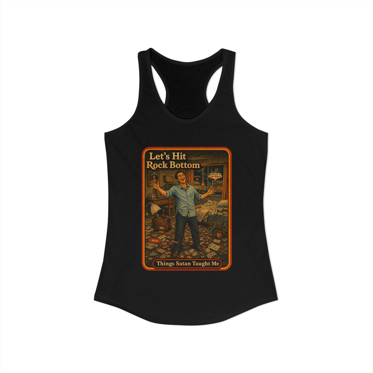 Let's Hit Rock Bottom Racerback Tank in Black, view 2