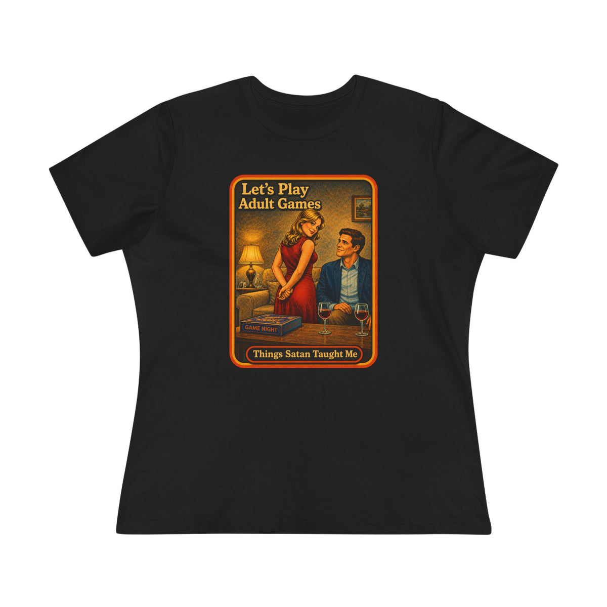 Let's Play Adult Games Women's Tee in Black, front