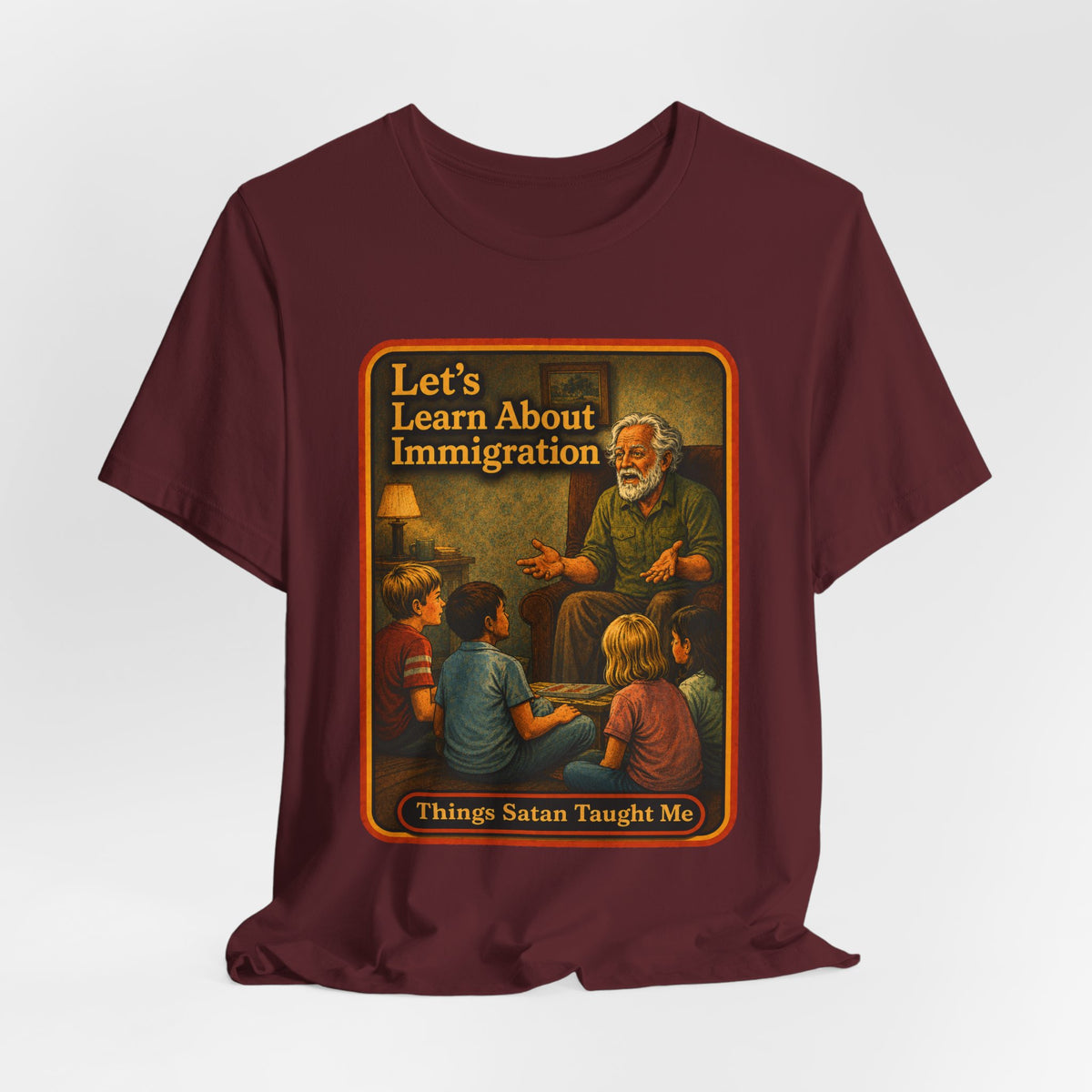 Let's Learn About Immigration Unisex Tee in Maroon, view 4