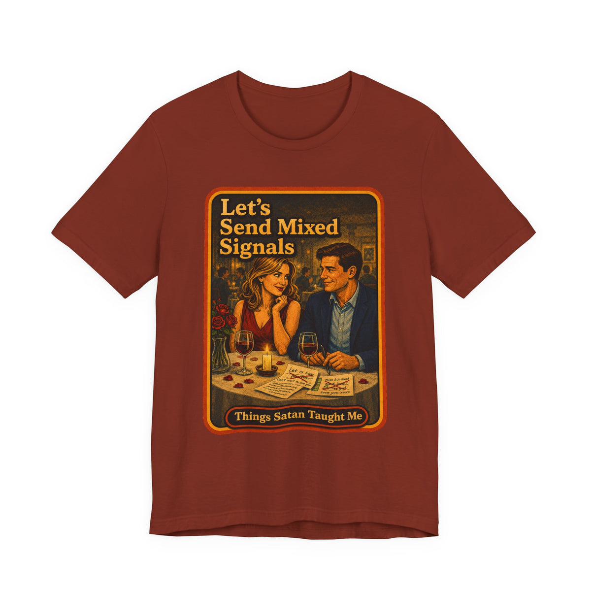 Let's Send Mixed Signals Unisex Tee in Rust, front