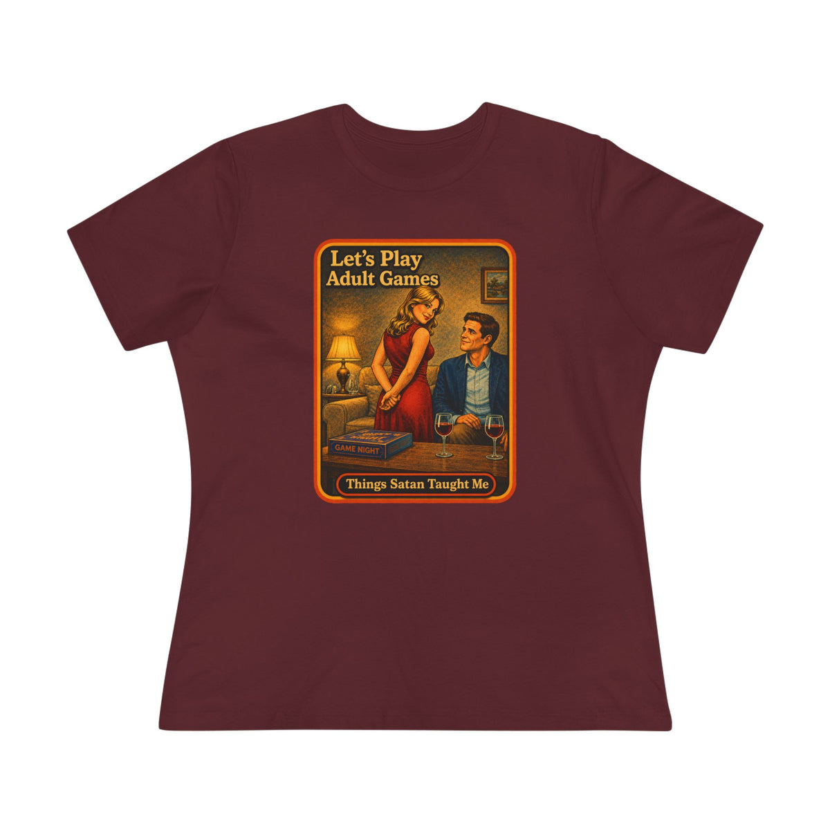 Let's Play Adult Games Women's Tee in Maroon, front