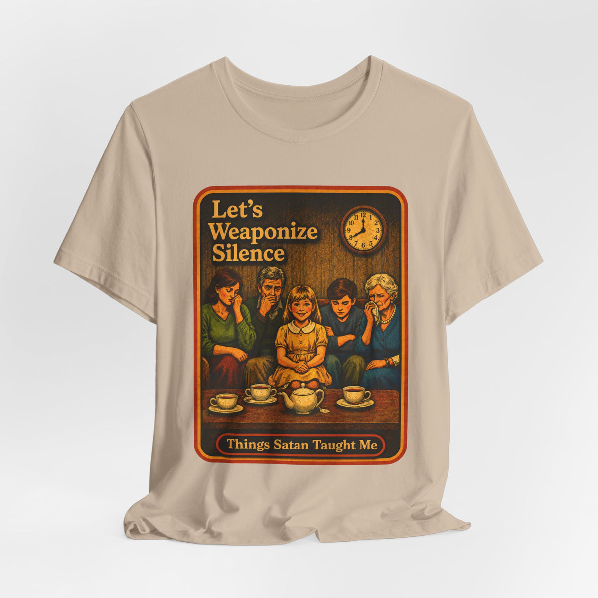 Let's Weaponize Silence Unisex Tee in Tan, view 4