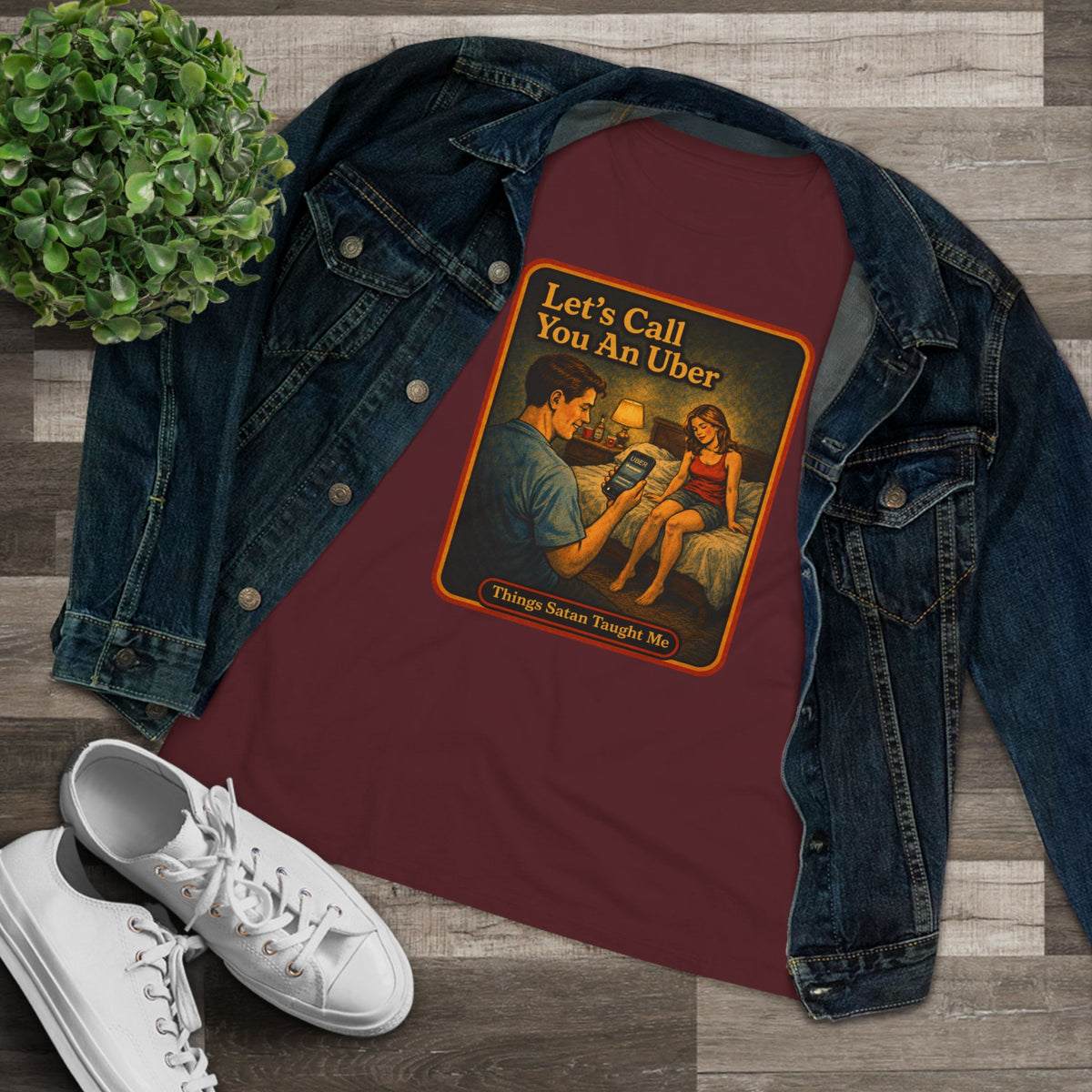Let's Call You An Uber Women's Tee in Maroon, view 3