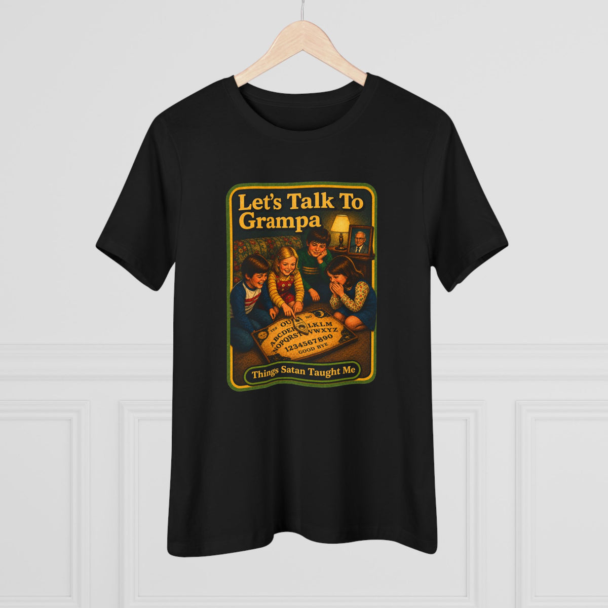 Let's Talk To Grampa Women's Tee in Black, view 4