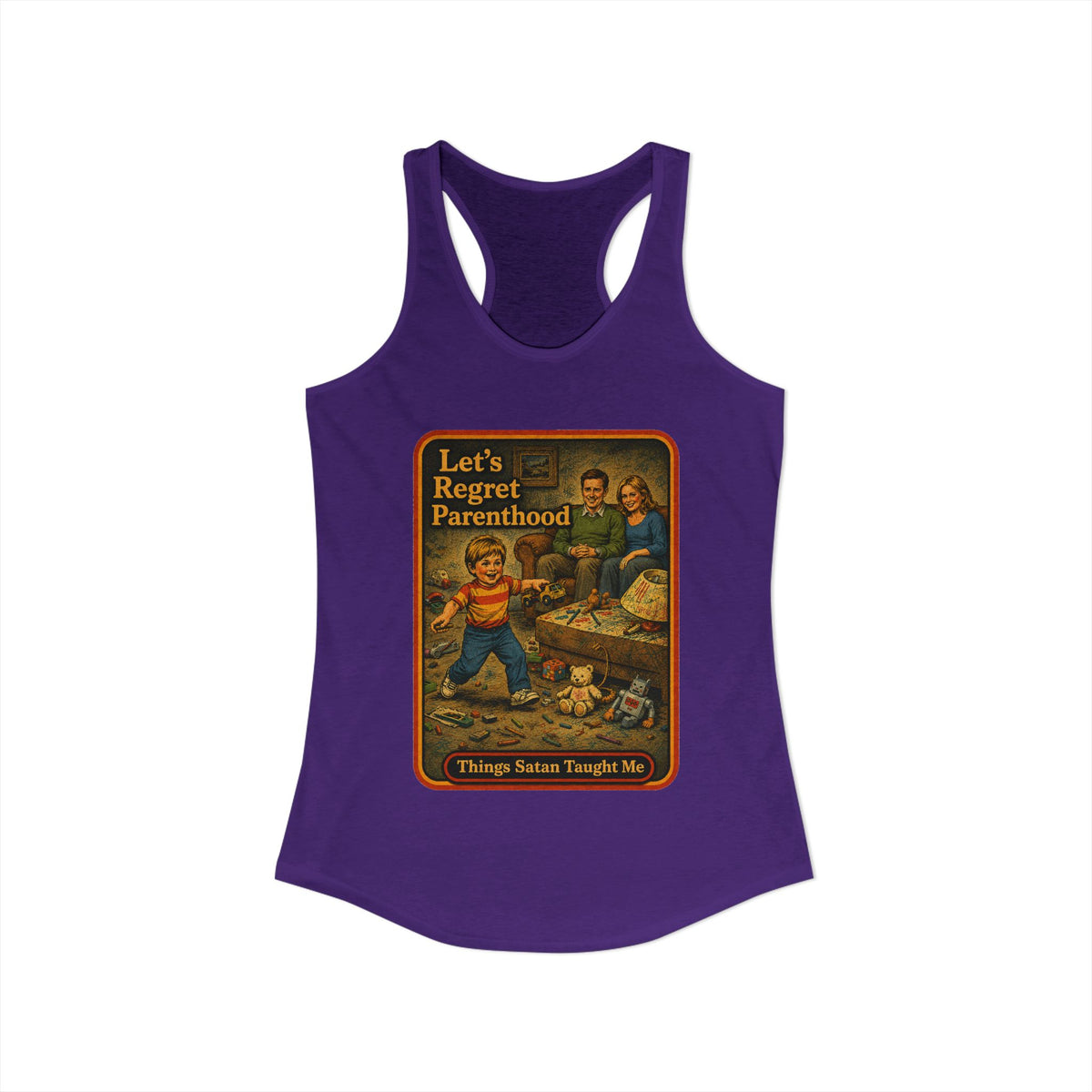 Let's Regret Parenthood Racerback Tank in Purple Rush, view 2