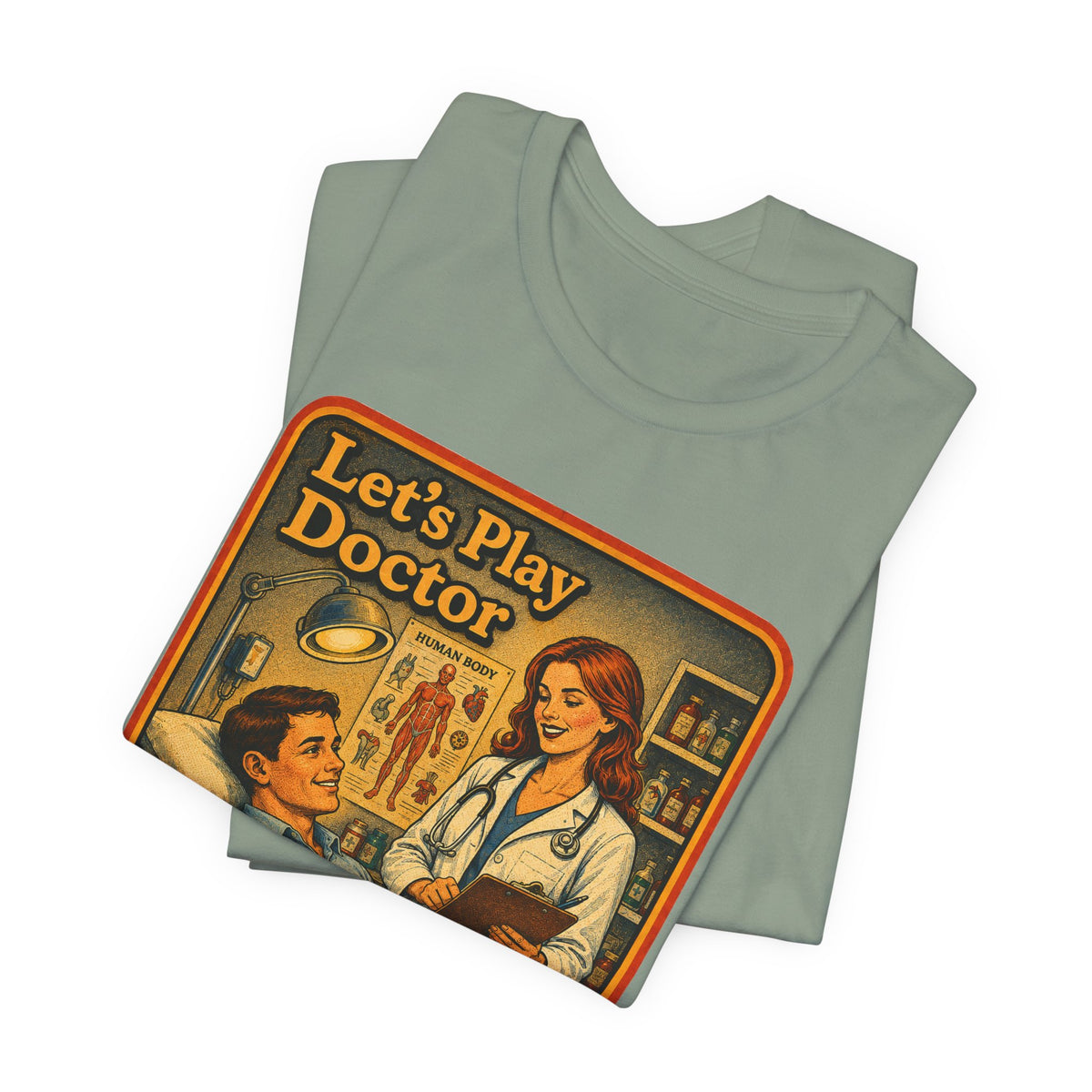 Let's Play Doctor Unisex Tee in Sage, view 3