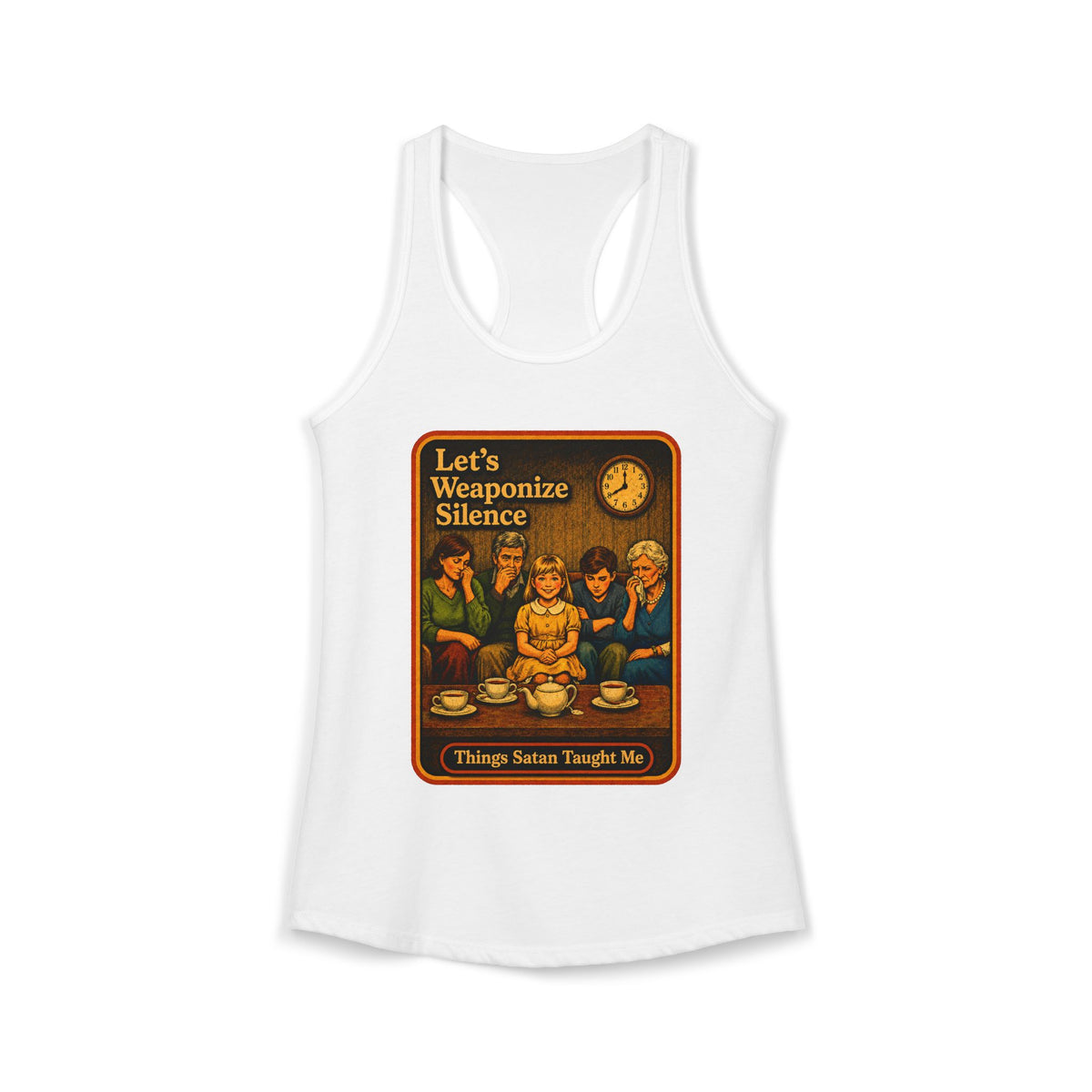 Let's Weaponize Silence Racerback Tank in White, front