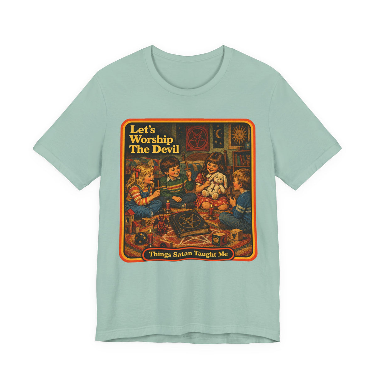 Let's Worship The Devil Unisex Tee in Dusty Blue, front