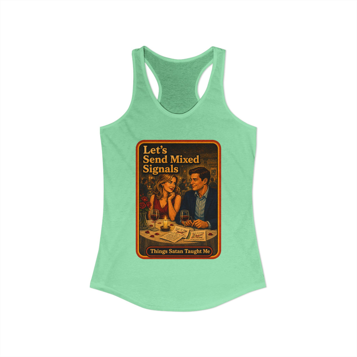 Let's Send Mixed Signals Racerback Tank in Mint, view 2