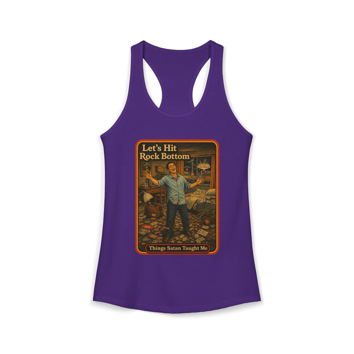 Let's Hit Rock Bottom Racerback Tank in Purple Rush, front