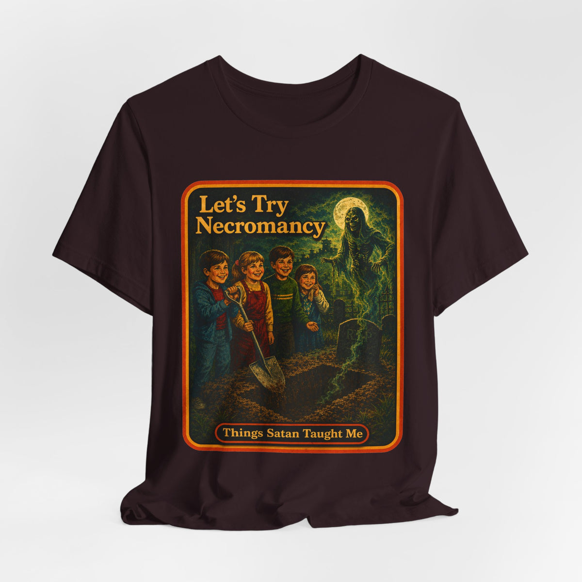 Let's Try Necromancy Unisex Tee in Oxblood Black, view 4