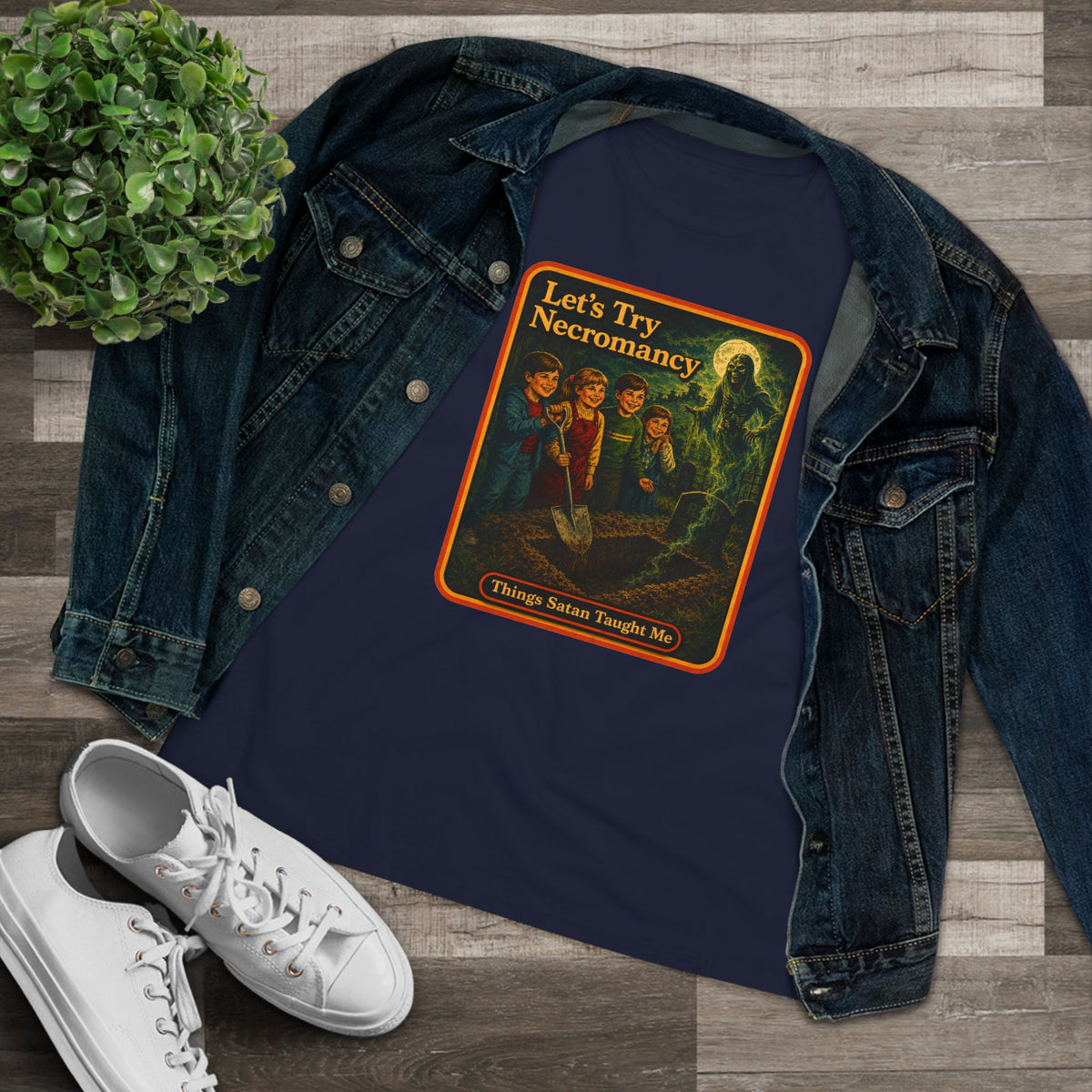 Let's Try Necromancy Women's Tee in Navy, view 3
