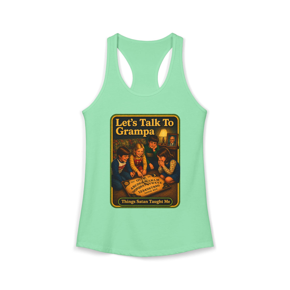 Let's Talk To Grampa Racerback Tank in Mint, front