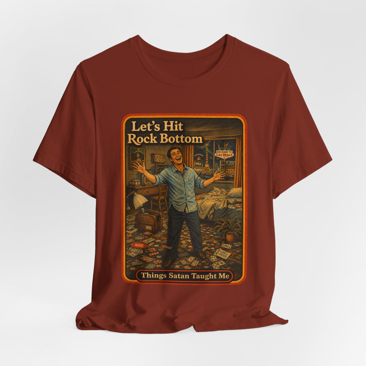 Let's Hit Rock Bottom Unisex Tee in Rust, view 4