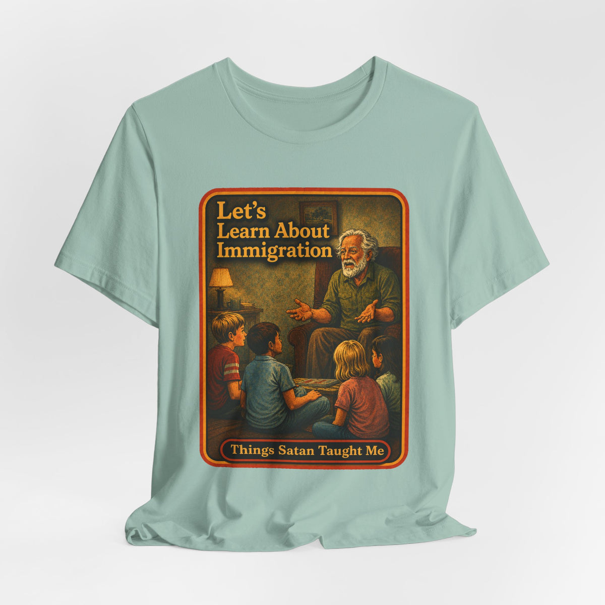 Let's Learn About Immigration Unisex Tee in Dusty Blue, view 4