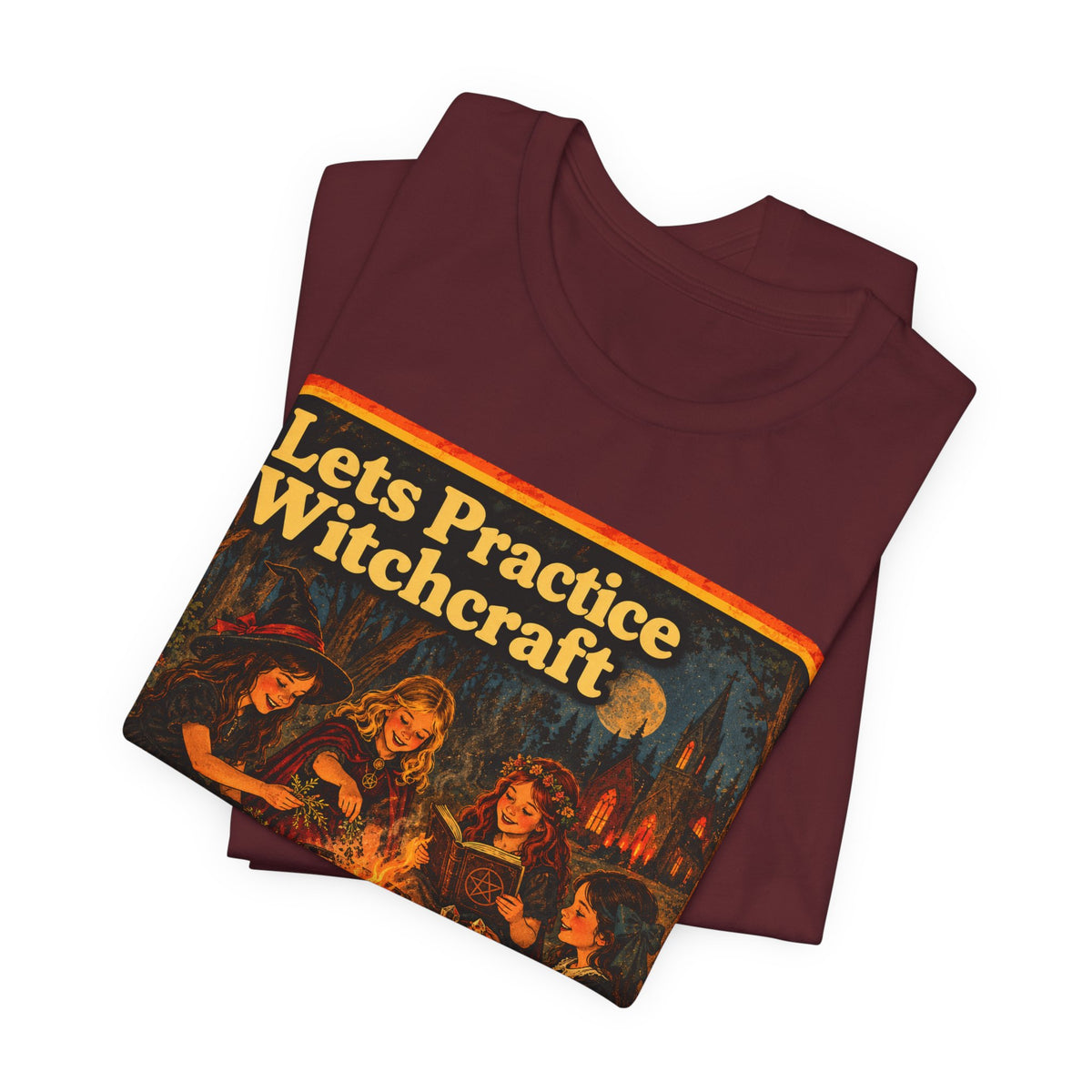 Let's Practice Witchcraft Unisex Tee in Maroon, view 3