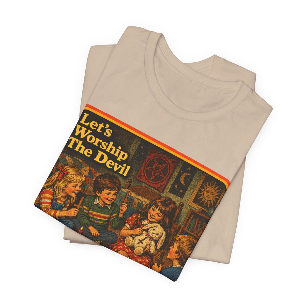 Let's Worship The Devil Unisex Tee in Tan, view 3