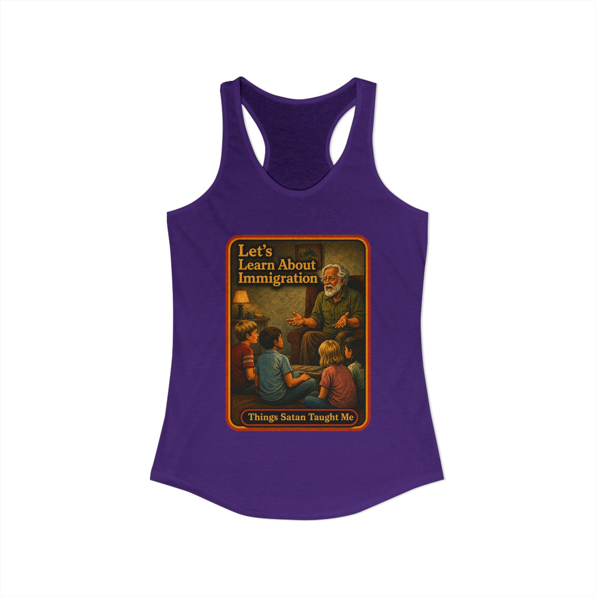 Let's Learn About Immigration Racerback Tank in Purple Rush, view 2