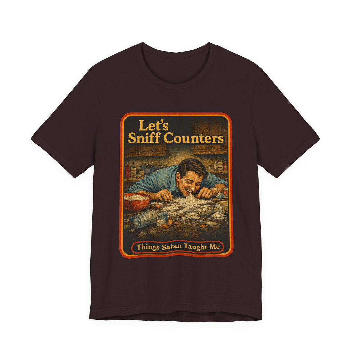 Let's Sniff Counters Unisex Tee in Oxblood Black, front