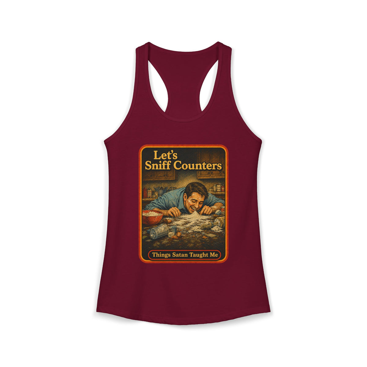 Let's Sniff Counters Racerback Tank in Cardinal Red, front
