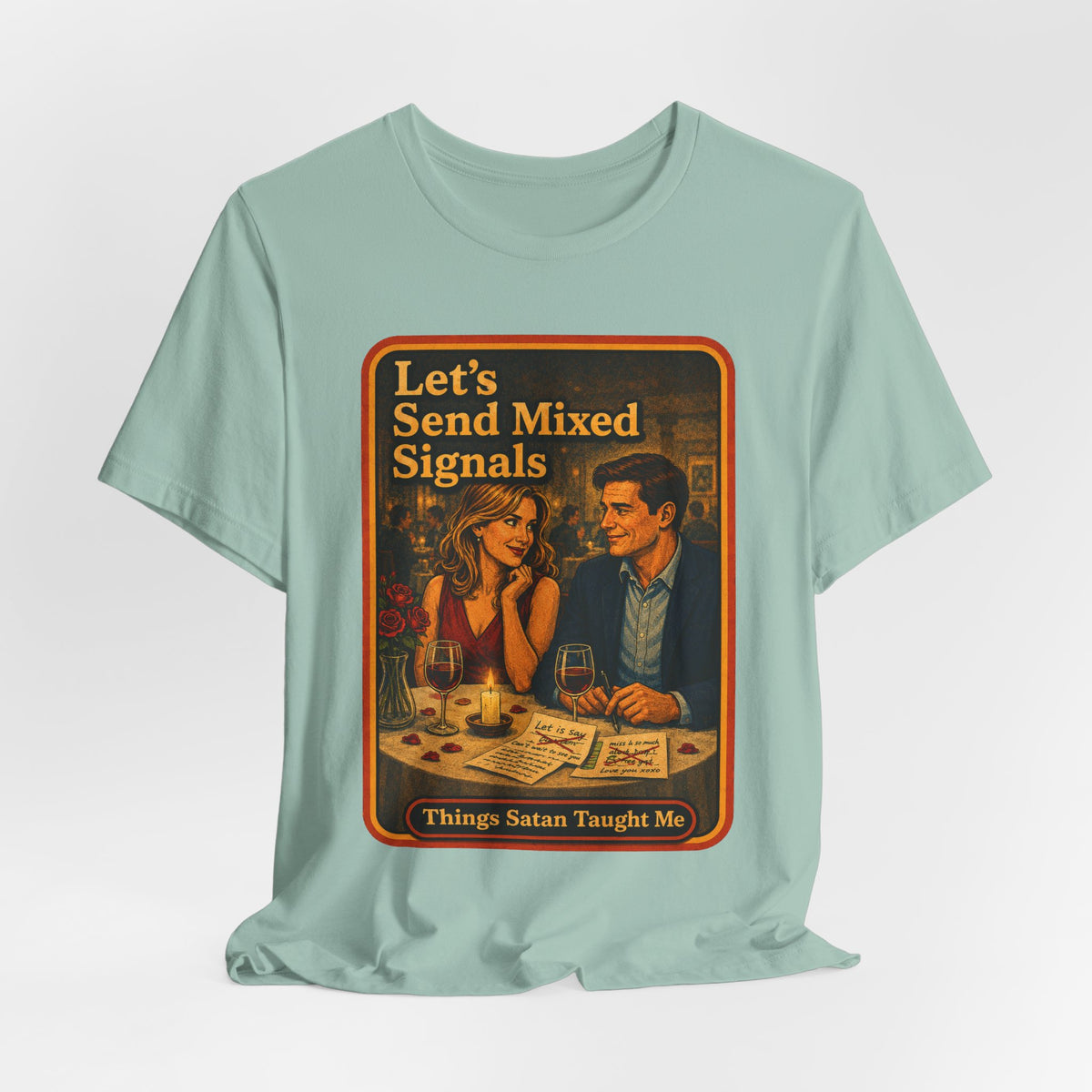 Let's Send Mixed Signals Unisex Tee in Dusty Blue, view 4