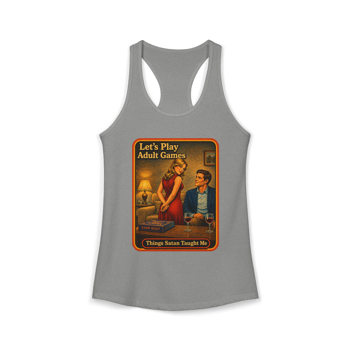 Let's Play Adult Games Racerback Tank in Heather Grey, front