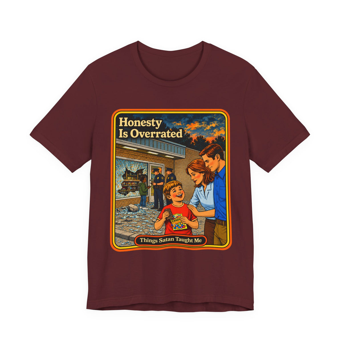 Honesty Is Overrated Unisex Tee in Maroon, front