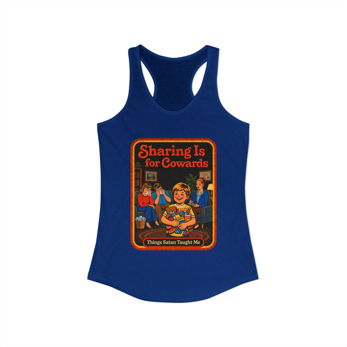 Sharing Is For Cowards Racerback Tank in Royal, view 2
