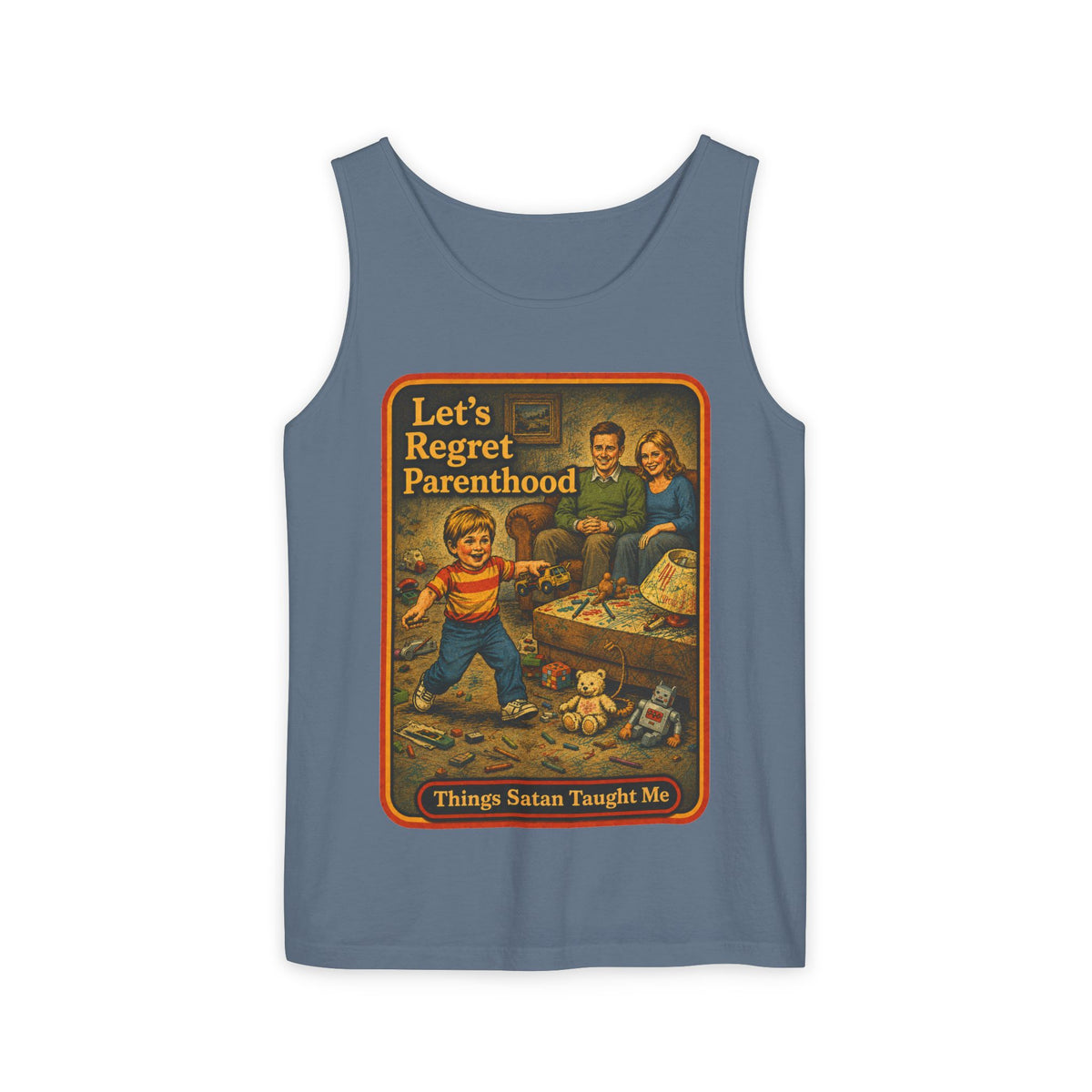 Let's Regret Parenthood Wife Beater in Blue Jean, front