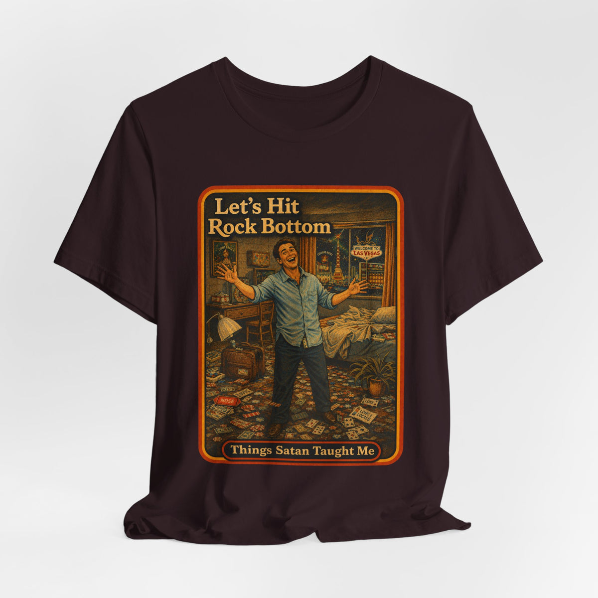 Let's Hit Rock Bottom Unisex Tee in Oxblood Black, view 4