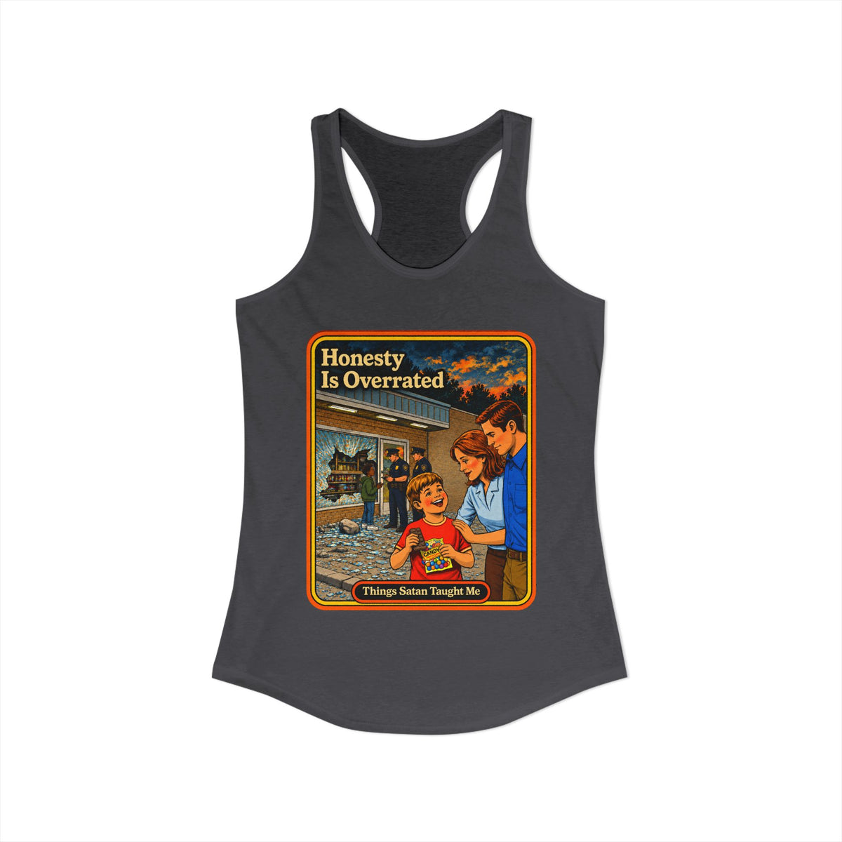 Honesty Is Overrated Racerback Tank in Dark Gray, view 2