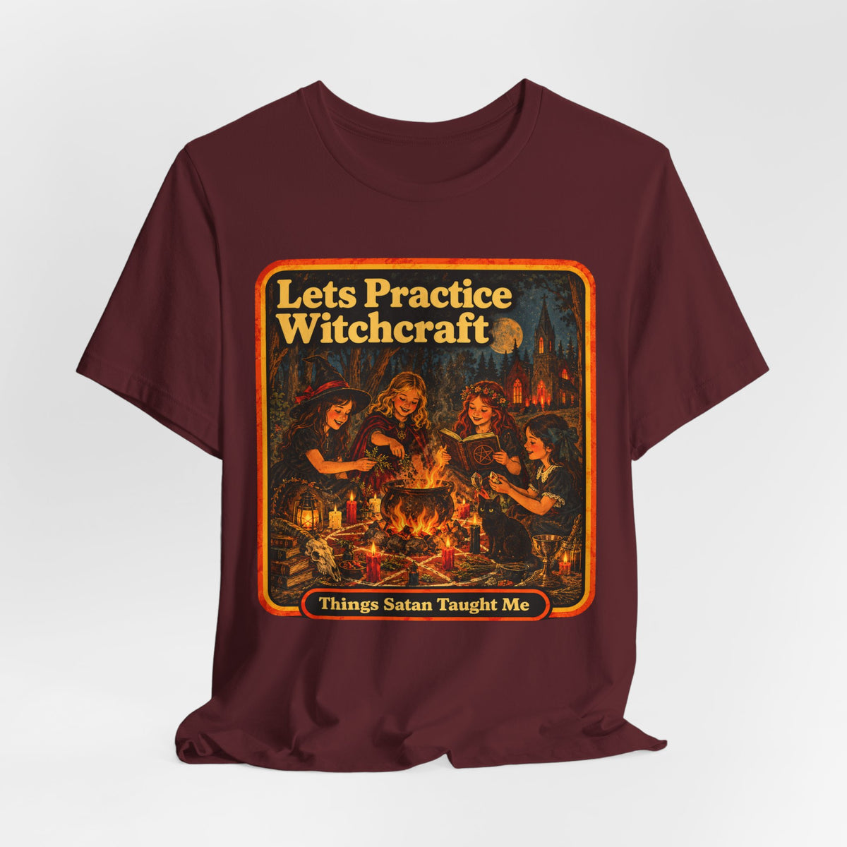 Let's Practice Witchcraft Unisex Tee in Maroon, view 4