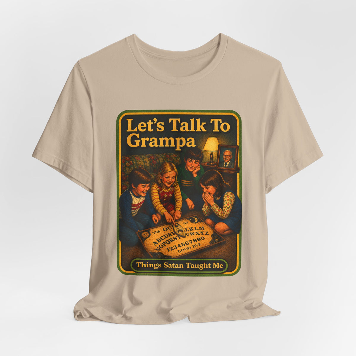 Let's Talk To Grampa Unisex Tee in Tan, view 4