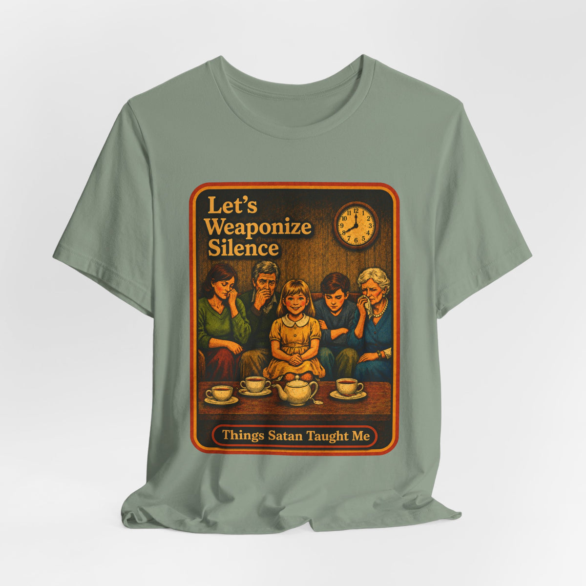 Let's Weaponize Silence Unisex Tee in Sage, view 4