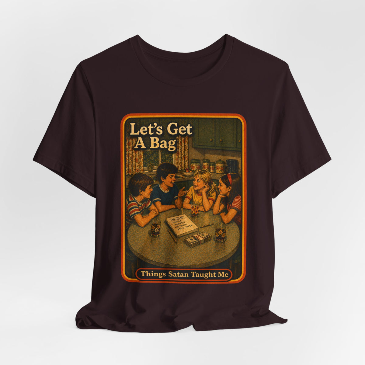 Let's Get Another Bag Unisex Tee in Oxblood Black, view 4