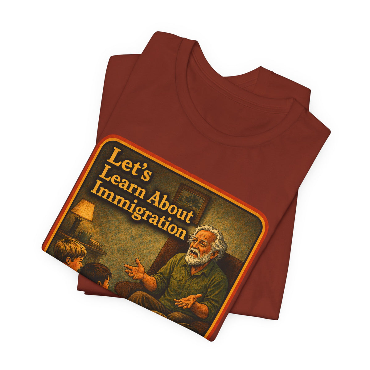 Let's Learn About Immigration Unisex Tee in Rust, view 3