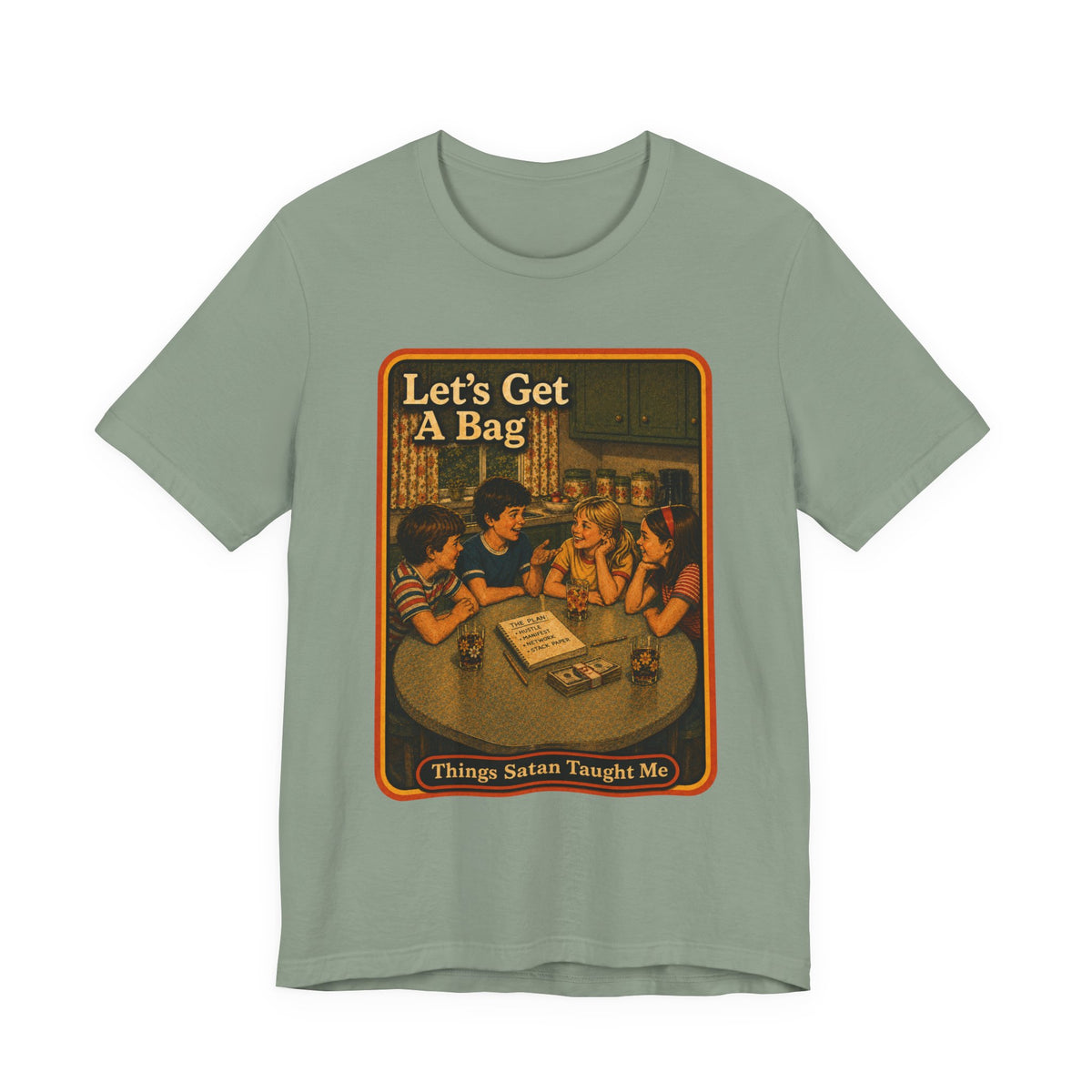 Let's Get Another Bag Unisex Tee in Sage, front