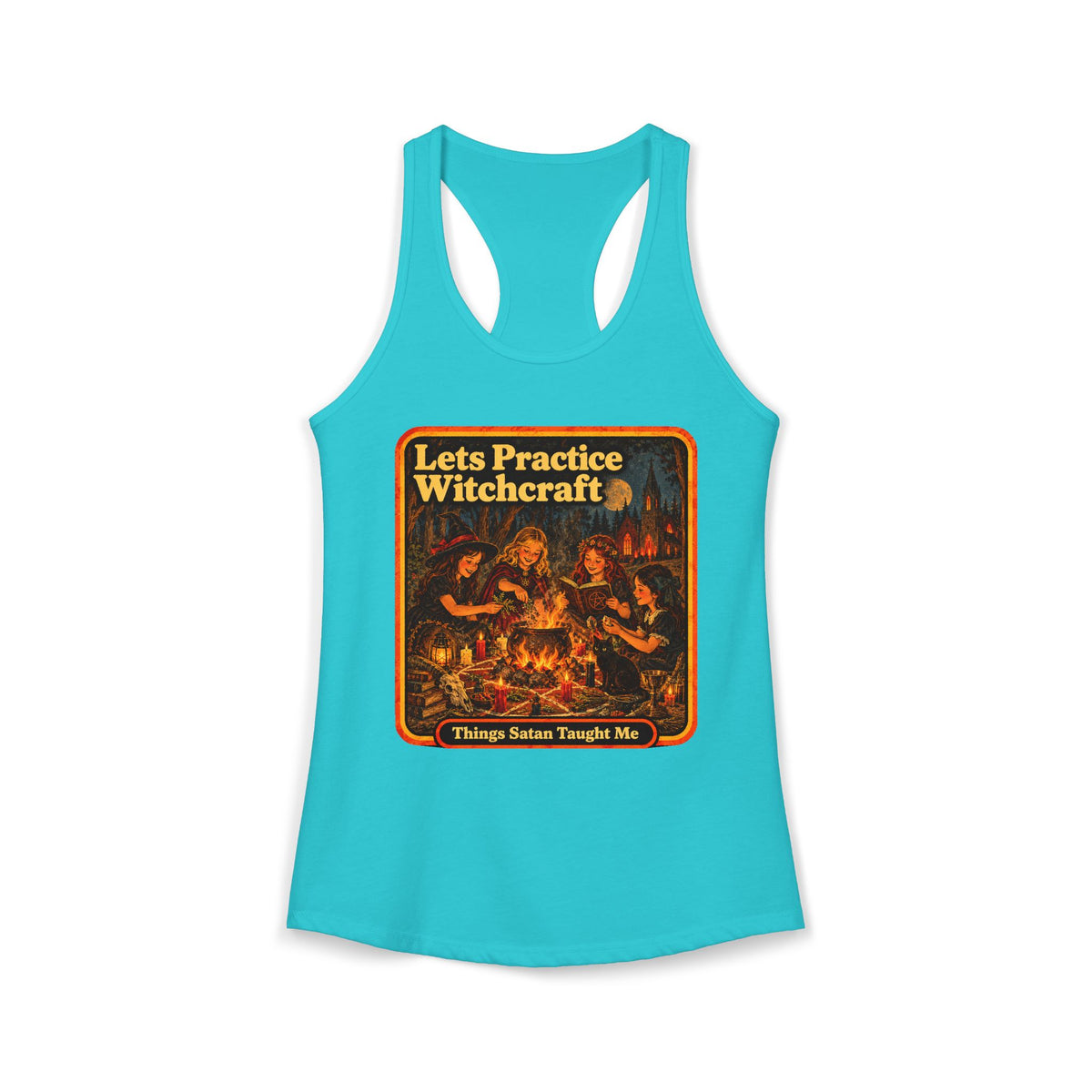 Let's Practice Witchcraft Racerback Tank in Tahiti Blue, front