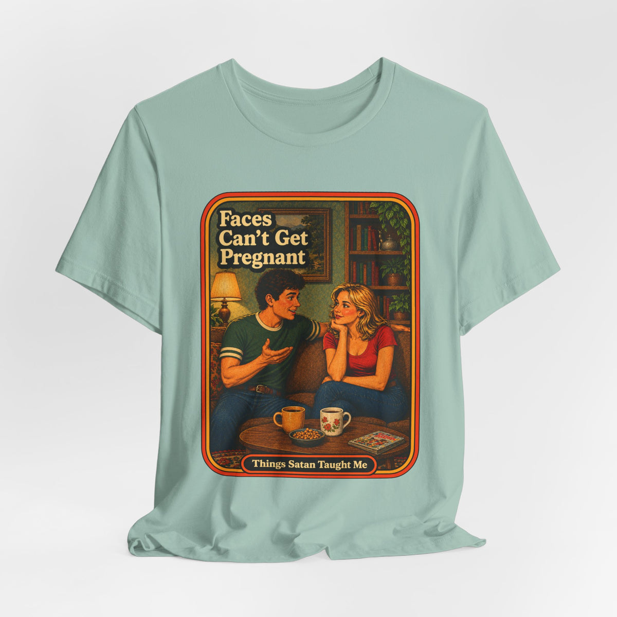 Faces Can't Get Pregnant Unisex Tee in Dusty Blue, view 4